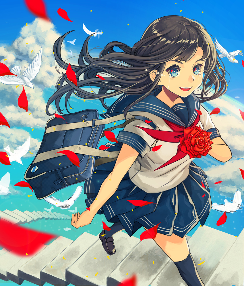 absurdres bag bashikou bird black_hair blue_eyes cloud day dove flower from_above highres loafers long_hair motion_blur navy_blue_legwear neckerchief open_mouth original petals pleated_skirt red_flower red_rose rose rose_petals school_bag school_uniform serafuku shoes short_sleeves shoulder_bag skirt sky smile solo stairs tears teeth thighhighs walking wind