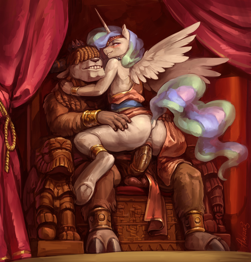 anthro anus audrarius blush bovine butt cowgirl_position duo equine erection feathered_wings feathers female friendship_is_magic hair hair_over_eyes hi_res horn interspecies male male/female mammal multicolored_hair my_little_pony on_top penetration penis prince_rutherford_(mlp) princess_celestia_(mlp) pussy pussy_juice raised_tail sex sitting vaginal vaginal_penetration winged_unicorn wings yak