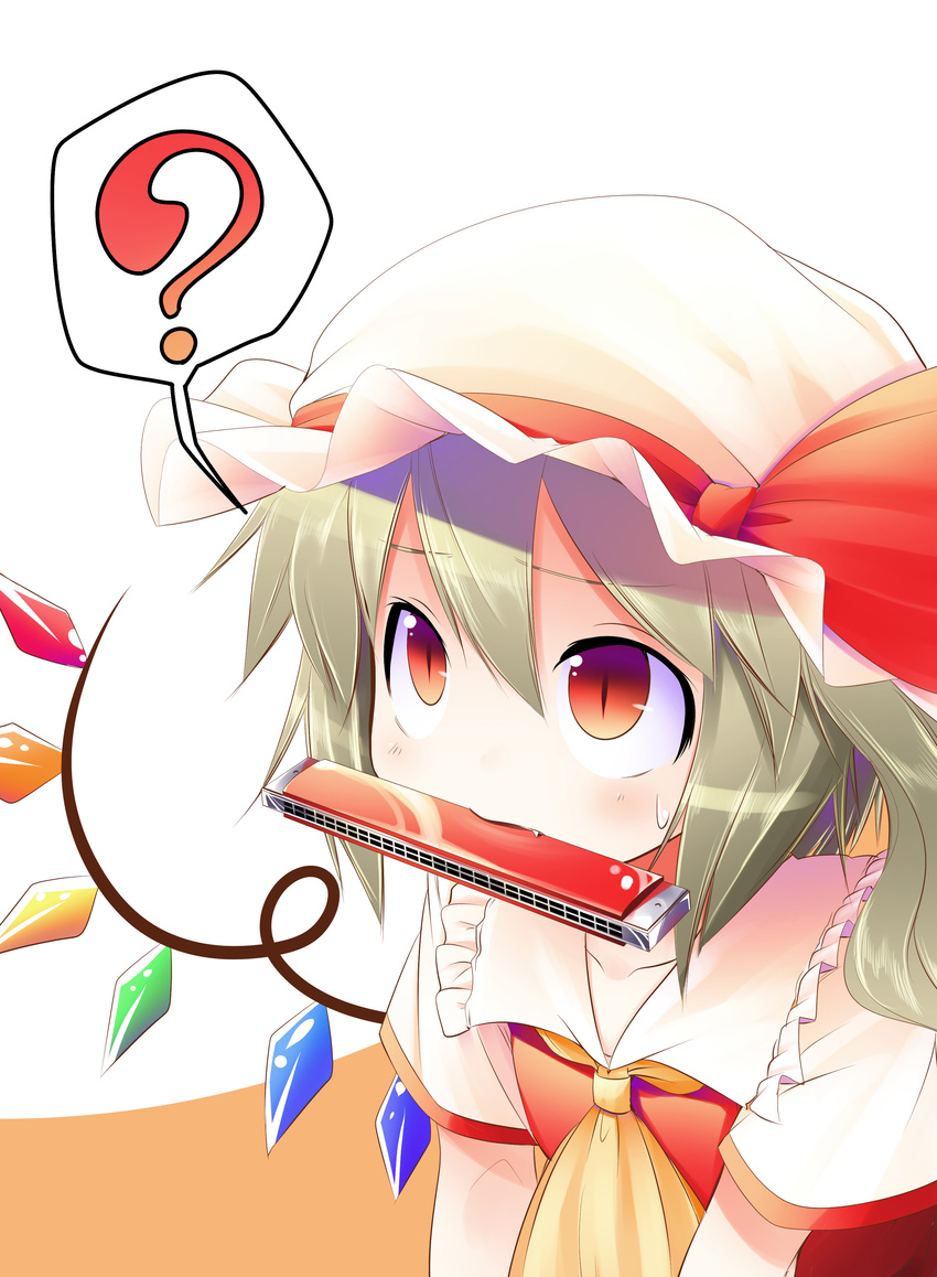 ? absurdres aozora_market ascot blonde_hair bow fang flandre_scarlet harmonica hat hat_bow highres instrument mob_cap mouth_hold red_eyes side_ponytail slit_pupils solo spoken_question_mark sweatdrop touhou wings