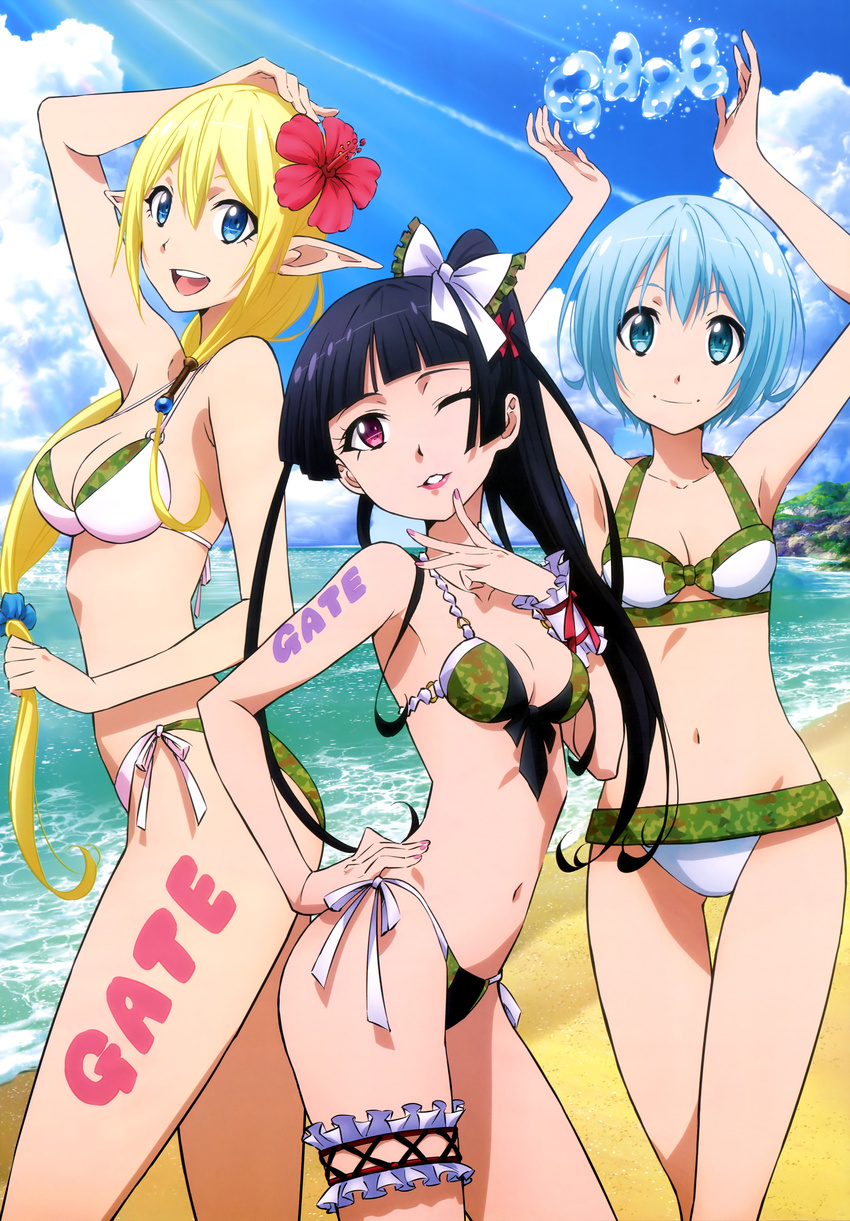:d absurdres alternate_hairstyle arms_up ass_visible_through_thighs beach bikini black_hair blonde_hair blue_eyes blue_hair body_writing bow breasts camouflage camouflage_bikini cleavage contrapposto copyright_name day flower from_side gate_-_jieitai_ka_no_chi_nite_kaku_tatakaeri hair_bow hair_flower hair_ornament hand_on_hip hibiscus highres leg_garter lelei_la_lalena long_hair long_legs low-tied_long_hair multiple_girls nail_polish navel nyantype official_art one_eye_closed open_mouth outdoors parted_lips pink_nails pointy_ears purple_eyes rory_mercury scan short_hair side-tie_bikini side_ponytail small_breasts smile standing sunlight swimsuit tankini thigh_gap thighs tuka_luna_marceau water white_bikini