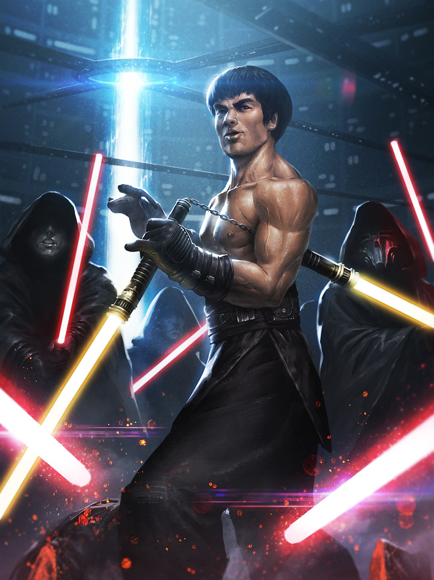 ameen_naksewee asian black_hair bruce_lee commentary crossover energy_sword epic highres jedi lens_flare lightsaber male_focus manly mask muscle nunchaku parody real_life realistic science_fiction short_hair sith solo_focus star_wars sword veins weapon