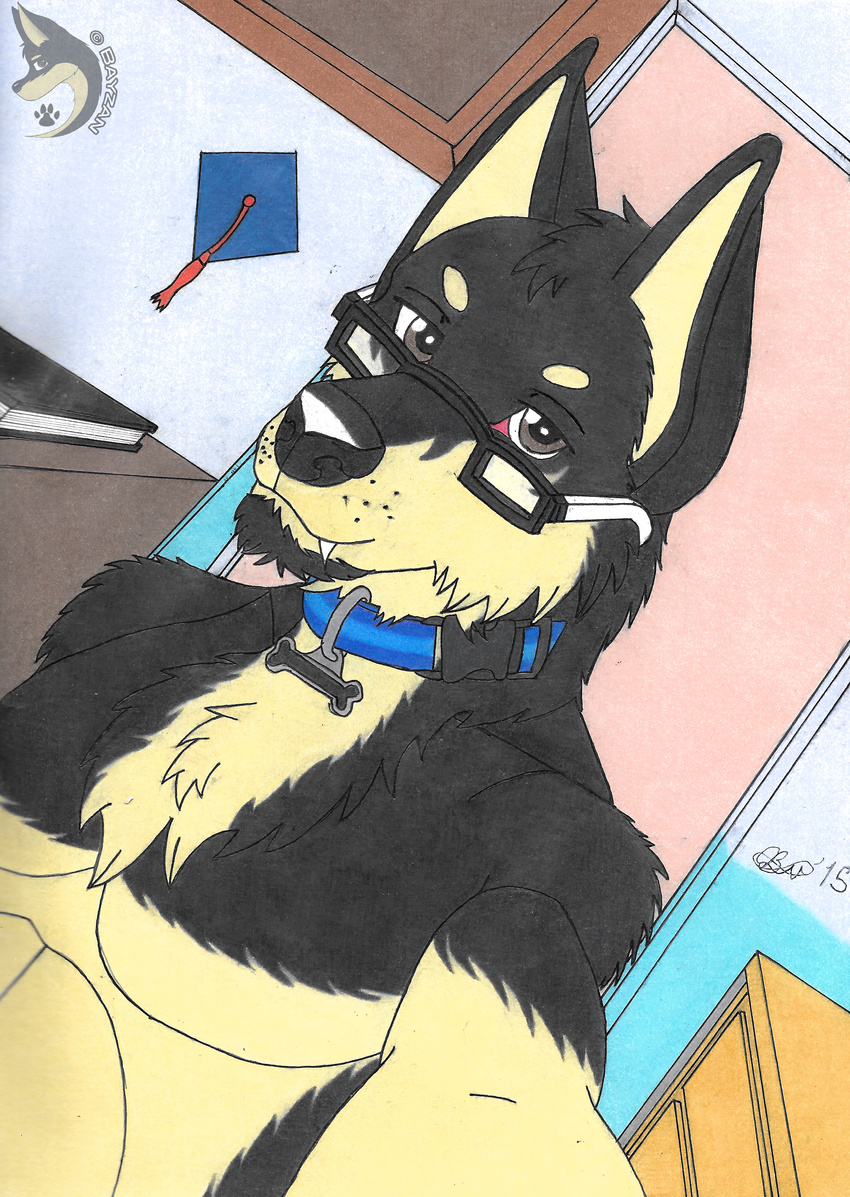 2015 bayzan bayzan(artist) bedroom bone brown_eyes cabinet canine collar dog dog_tags door dutch_angle eyewear facial_hair german_shepherd goatee hybrid mammal selfie sketchbook smile square_academic_cap traditional_media_(artwork) wolf