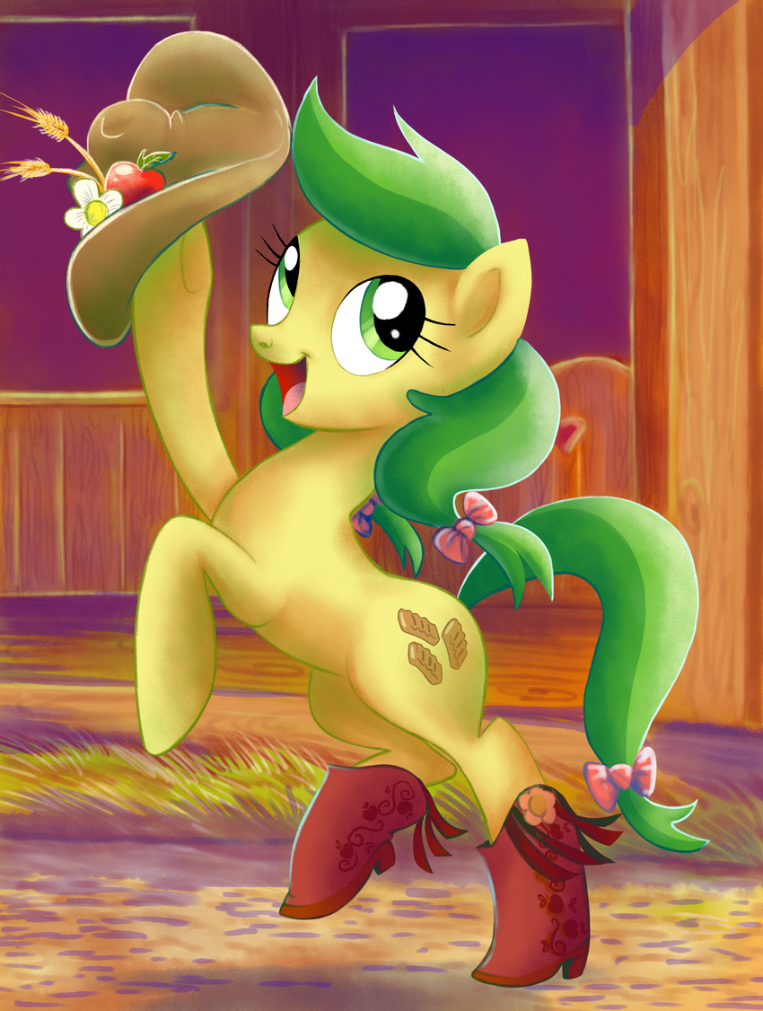 2013 adlynh apple apple_fritter_(mlp) boots clothing cowboy_boots cowboy_hat cutie_mark earth_pony equine female feral food footwear friendship_is_magic fruit fur grass green_eyes green_hair hair hat hi_res horse looking_at_viewer mammal my_little_pony open_mouth pony smile solo yellow_fur