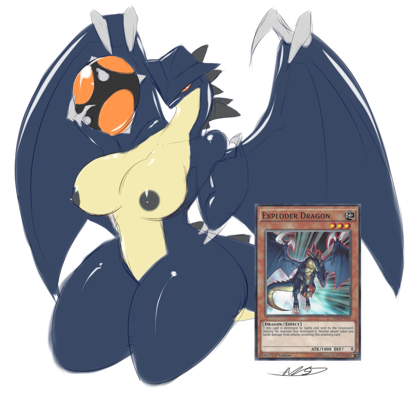 averyshadydolphin beckoning belly big_breasts black_horn blue_skin breasts card claws dragon egg erect_nipples exploder_dragon female fingers grin horn looking_at_viewer membranous_wings nipples orange_eyes reptile scalie sharp_head smile thick_thighs tiny_head white_skin wings yu-gi-oh