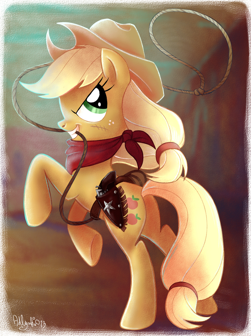 2013 abstract_background adlynh applejack_(mlp) blonde_hair cowboy_hat cutie_mark earth_pony equine female feral freckles friendship_is_magic fur green_eyes gun hair handgun hat hi_res horse lasso looking_at_viewer mammal my_little_pony orange_fur pistol pony ranged_weapon scar scarf smile solo weapon