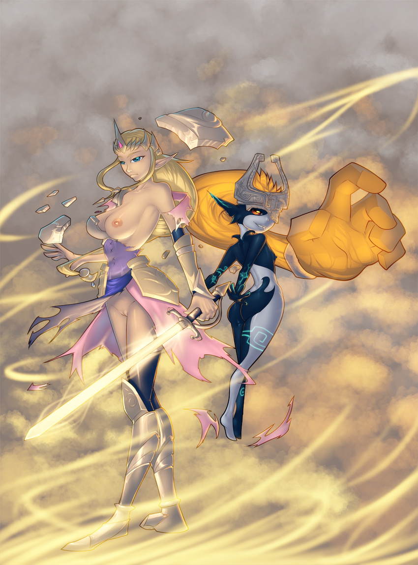 2016 bakuhaku blonde_hair blue_eyes breasts clothing duo female hair hi_res holding_object human humanoid hyrule_warriors imp long_hair mammal melee_weapon midna nintendo nipples orange_eyes orange_hair prehensile_hair princess_zelda pussy sword the_legend_of_zelda torn_clothing twili twilight_princess video_games weapon