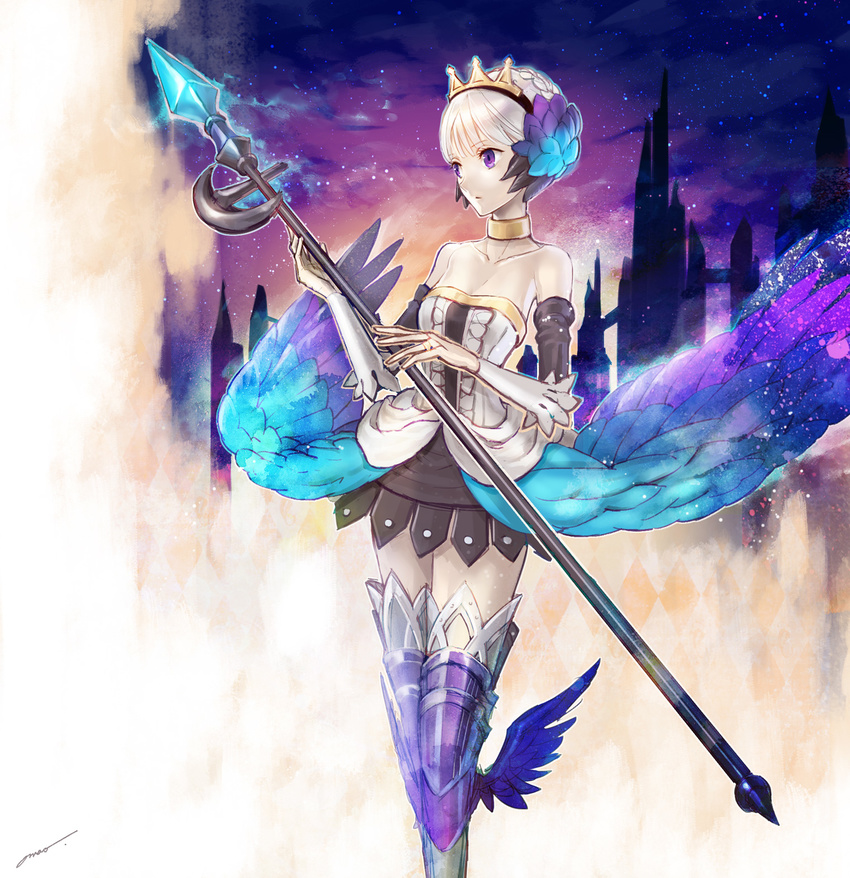 amatari_sukuzakki armor armored_dress bare_shoulders choker crown dress gwendolyn highres multicolored multicolored_wings odin_sphere polearm purple_eyes solo spear strapless strapless_dress thighhighs weapon white_hair wings