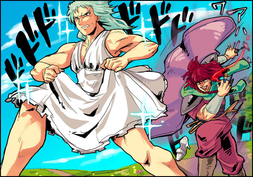 blue_hair boots braid cape chasing crossdressing dress eyelashes fleeing green_scarf high_heels hokuto_no_ken lipstick long_hair makeup male_focus multiple_boys muscle red_eyes red_hair rei_(hokuto_no_ken) scarf shoulder_pads smile sparkle speed_lines twin_braids white_dress yazakc yuda_(hokuto_no_ken)