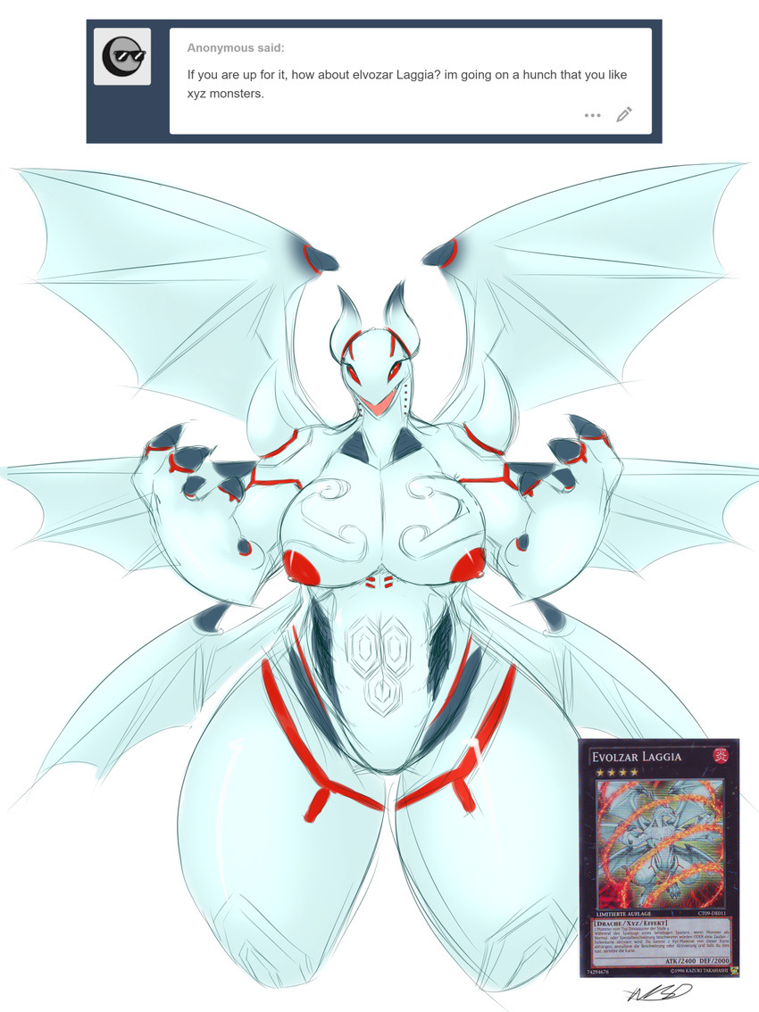 averyshadydolphin belly big_breasts black_markings breasts card claws dragon dragon_wings erect_nipples evolzar_dolkka female horn markings multi_wing navel nipples open_mouth question red_eyes red_markings red_nipples reptile scalie sharp_teeth symbol teeth thick_thighs tiny_head tumblr white_skin wide_hips wings yu-gi-oh