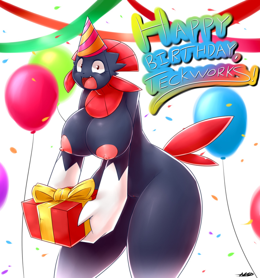 anthro averyshadydolphin balloon belly big_breasts big_eyes birthday black_fur breasts celebrations confetti english_text erect_nipples fangs female fingers fur gift hat looking_at_viewer nintendo nipples open_mouth party_hat pok&eacute;mon pussy red_fur smile solo teeth text thick_thighs tiny_pupils tongue video_games weavile wide_hips