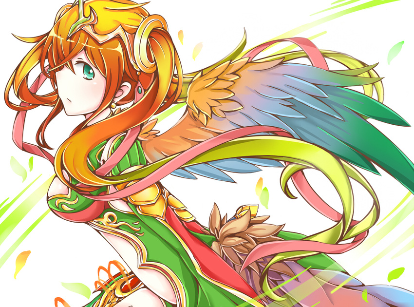 breasts earrings green_eyes hair_ornament hair_over_one_eye jewelry leilan_(p&amp;d) long_hair medium_breasts mo_(k40633) multicolored multicolored_wings orange_hair puzzle_&amp;_dragons solo wings