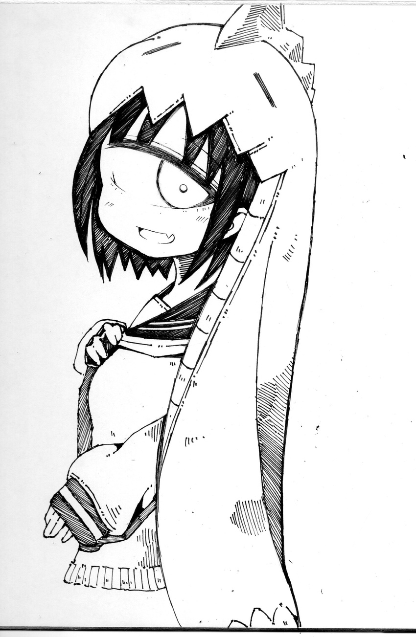 absurdres bad_id bad_pixiv_id ballpoint_pen_(medium) blush cyclops dinosaur_costume fang from_side greyscale highres kurome_shirome looking_at_viewer monochrome one-eyed original photo school_uniform serafuku sketch smile solo traditional_media upper_body