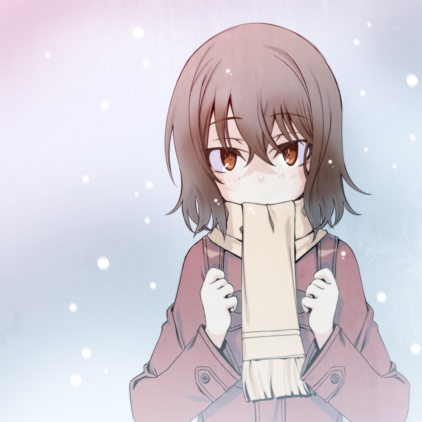 backpack bag blush boku_dake_ga_inai_machi brown_eyes brown_hair coat hair_between_eyes highres hinazuki_kayo looking_at_viewer sakuya_tsuitachi scarf short_hair snowing solo winter_clothes winter_coat