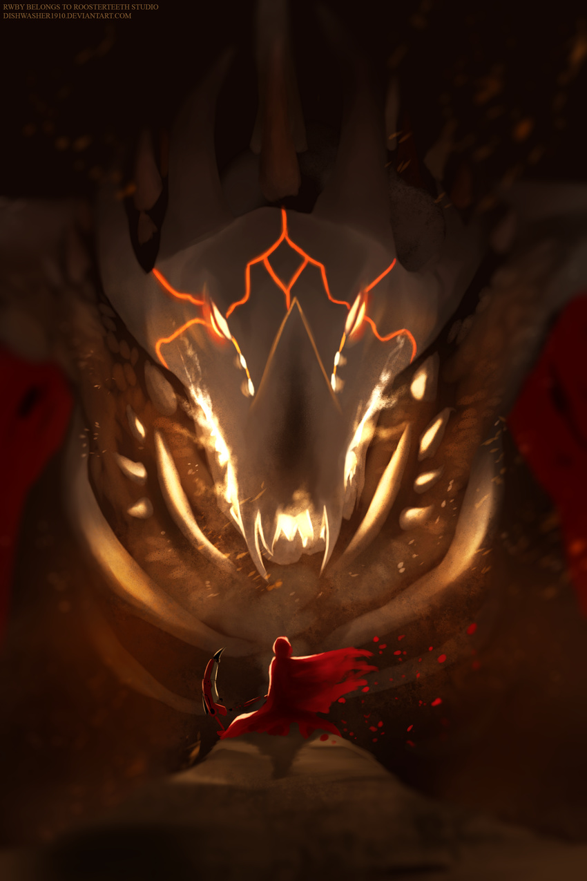 absurdres cloak dark dishwasher1910 dragon duel from_behind full_body glowing glowing_eyes grimm grimm_dragon highres hood hooded_cloak mask monster petals red_cloak rose_petals ruby_rose rwby scythe sharp_teeth size_difference solo spoilers standing teeth wind