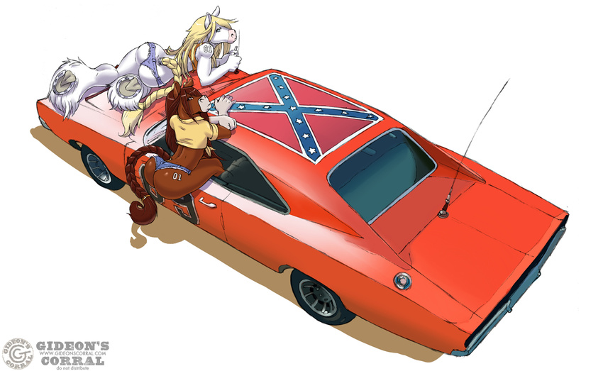 bird's-eye_view braided_hair butt car clothed clothing confederate_flag digital_media_(artwork) duo equine gideon girly hair high-angle_view horse mammal pose skimpy smoking southern vehicle vintage