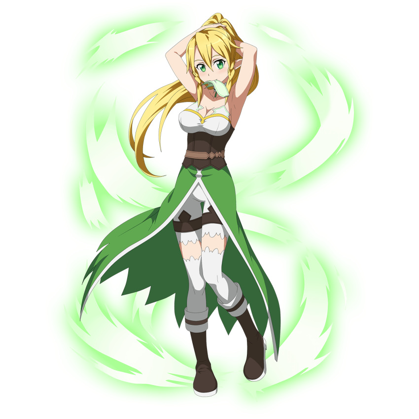 10s 1girl blonde_hair breasts cleavage collar collarbone elf green_eyes hair_ornament highres leafa long_hair looking_at_viewer official_art open_mouth pointy_ears simple_background solo sword_art_online sword_art_online:_code_register white_background white_legwear