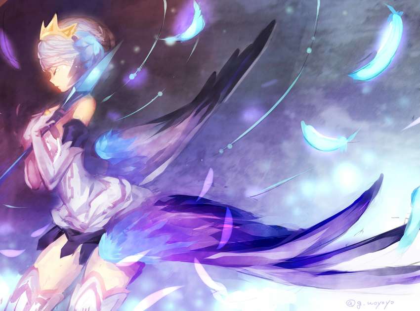 armor armored_dress bare_shoulders closed_eyes crown dress feathers gin_(oyoyo) gwendolyn highres multicolored multicolored_wings odin_sphere polearm purple_hair solo spear strapless strapless_dress tears thighhighs weapon wings