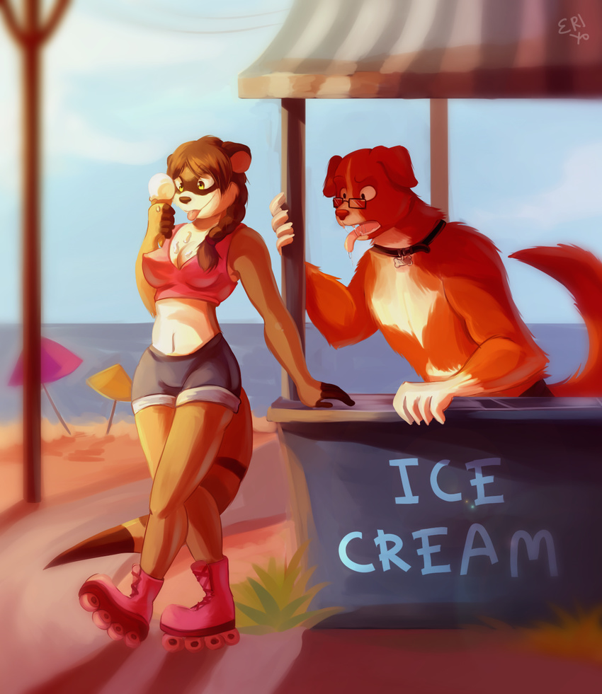 anthro breasts canine clothed clothing collar dessert duo eri-yo eyewear female food glasses ice_cream male male/female mammal meerkat mongoose navel nipple_bulge open_mouth outside smile tongue tongue_out