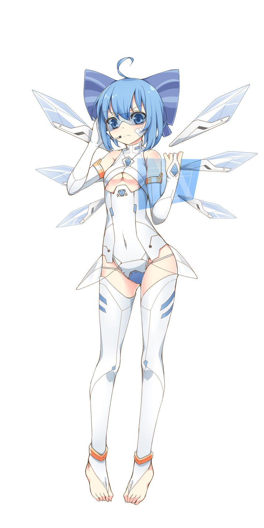 &gt;:( absurdres ahoge alternate_costume angry bad_id bad_pixiv_id bangs bare_shoulders barefoot blue_eyes blue_hair blush bow breasts bridal_gauntlets cirno covered_navel facial_mark feet frown full_body gloves hair_bow halterneck hand_on_headphones headset highres hips holding ice ice_wings leotard looking_at_viewer mechanical_wings mismatched_gloves ootsuki_momiji partly_fingerless_gloves short_hair simple_background small_breasts solo standing thighhighs toeless_legwear touhou touhou_ayaria_epic turtleneck underboob underboob_cutout v-shaped_eyebrows white_background white_legwear wings