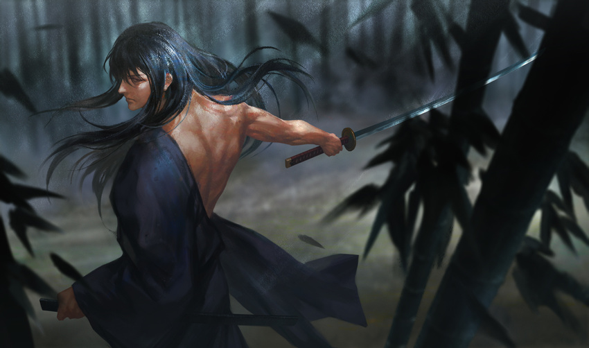 back bamboo bamboo_forest blue_hair blurry closed_mouth depth_of_field falling_leaves floating_hair forest from_behind gintama hangleing holding holding_sword holding_weapon japanese_clothes katsura_kotarou leaf long_hair looking_at_viewer looking_back male_focus motion_blur nature off_shoulder outdoors scabbard scratches sheath solo sword unsheathed upper_body weapon