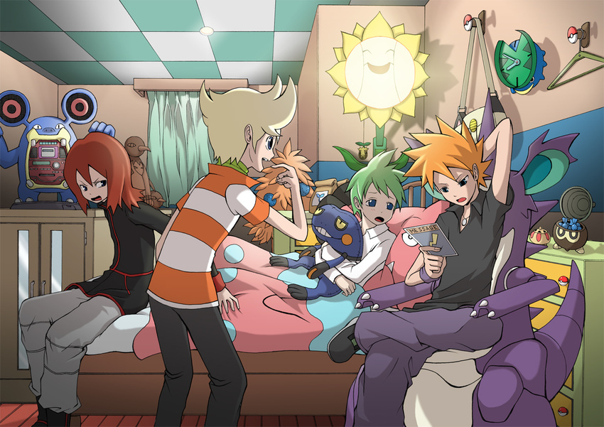 ahoge annotated bed blonde_hair blue_eyes blush boots brown_hair chair croagunk curtains gen_1_pokemon gen_2_pokemon gen_3_pokemon gen_4_pokemon green_hair happy jacket jewelry jun_(pokemon) lotad loudred lying magyo meowth mitsuru_(pokemon) multiple_boys natu necklace nidoking objectification ookido_green open_mouth pillow pillow_hug pointing poke_ball_theme pokemon pokemon_(creature) pokemon_(game) pokemon_dppt pokemon_frlg pokemon_gsc pokemon_rse popped_collar red_hair scarf seedot short_sleeves silver_(pokemon) sitting sleepy smile snubbull striped stuffed_animal stuffed_toy sunflora sunkern themed_object wallpaper xatu