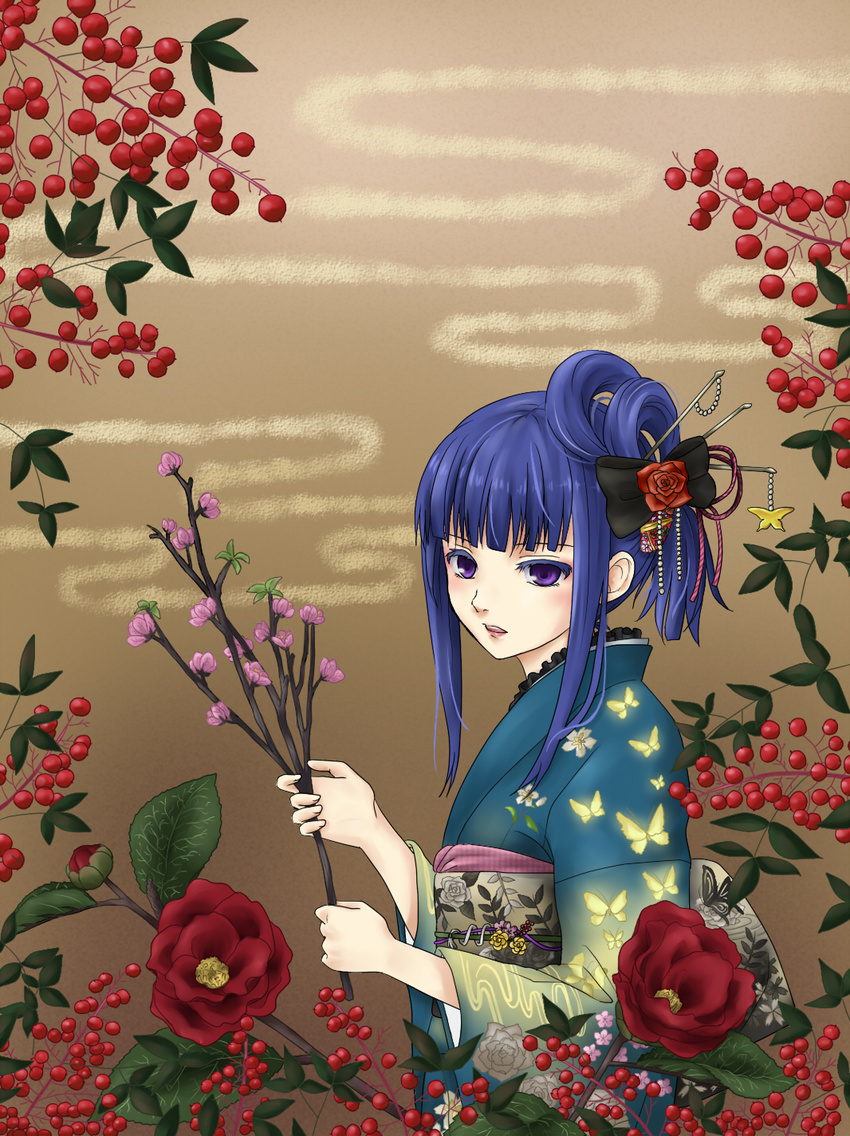 alternate_hairstyle bad_id bad_pixiv_id bekkourico blue_hair bow branch bug butterfly camellia flower frederica_bernkastel hair_bow hair_ornament highres insect japanese_clothes kimono new_year purple_eyes rose solo umineko_no_naku_koro_ni