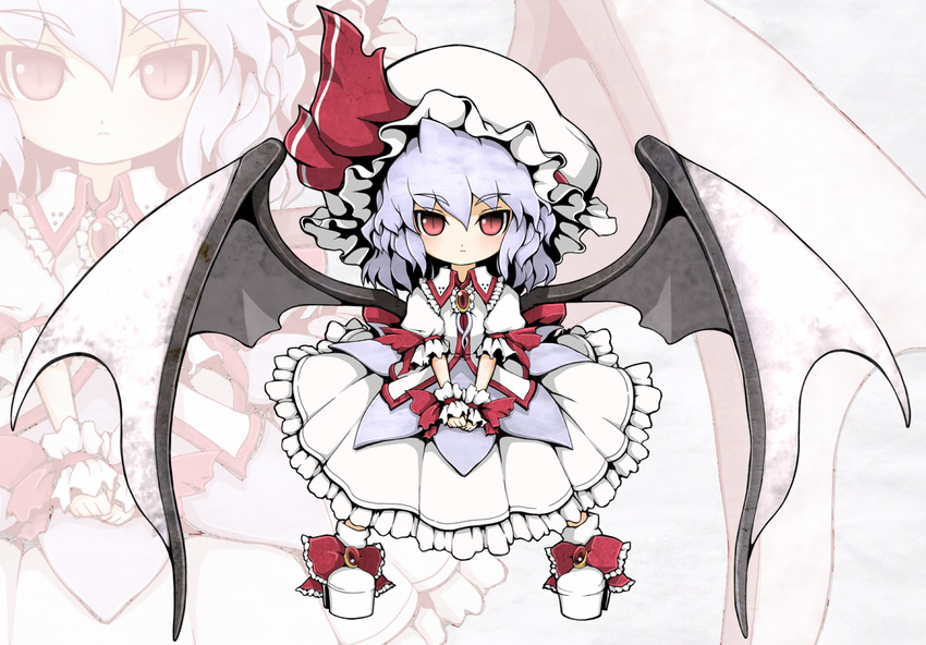 bat_wings collar dress hat lavender_hair looking_at_viewer mob_cap remilia_scarlet shishigami_(sunagimo) short_hair solo standing touhou vampire white_dress wings