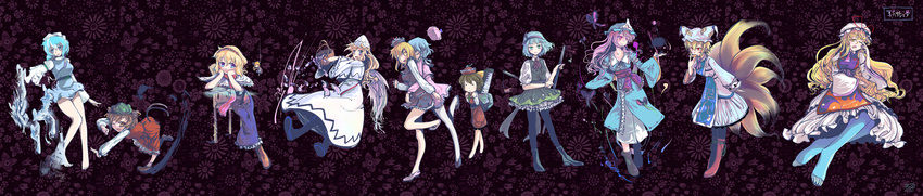 absurdres alice_margatroid animal_ears backpack bag barefoot basket blonde_hair blue_eyes blue_hair boots bow brown_eyes brown_hair capelet cat_ears cat_tail chen chibi chibi_inset closed_eyes doll dress fox_ears fox_tail hair_bow hairband hands_on_own_cheeks hands_on_own_face hat highres hourai_doll hug instrument katana keyboard_(instrument) konpaku_youmu letty_whiterock lily_white long_hair long_image lunasa_prismriver lyrica_prismriver merlin_prismriver multiple_girls multiple_tails nichimatsu_seri noose obi open_mouth pantyhose perfect_cherry_blossom pink_eyes pink_hair purple_eyes saigyouji_yuyuko sash scarf short_hair skirt sword tail thighhighs touhou triangular_headpiece weapon wide_image wings yakumo_ran yakumo_yukari yawning yellow_eyes