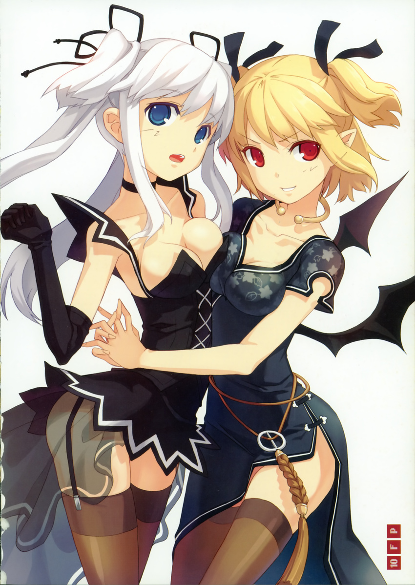 absurdres bat_wings blonde_hair blue_eyes breast_clinging breast_press breasts china_dress chinese_clothes choker cleavage collarbone cosplay costume_switch demon_girl dress elbow_gloves elf garters gloves h2so4 hair_ribbon highres hug long_hair mabinogi medium_breasts multiple_girls nao_(mabinogi) open_mouth pointy_ears red_eyes ribbon side_slit silver_hair succubus succubus_(mabinogi) symmetrical_docking thighhighs twintails wings