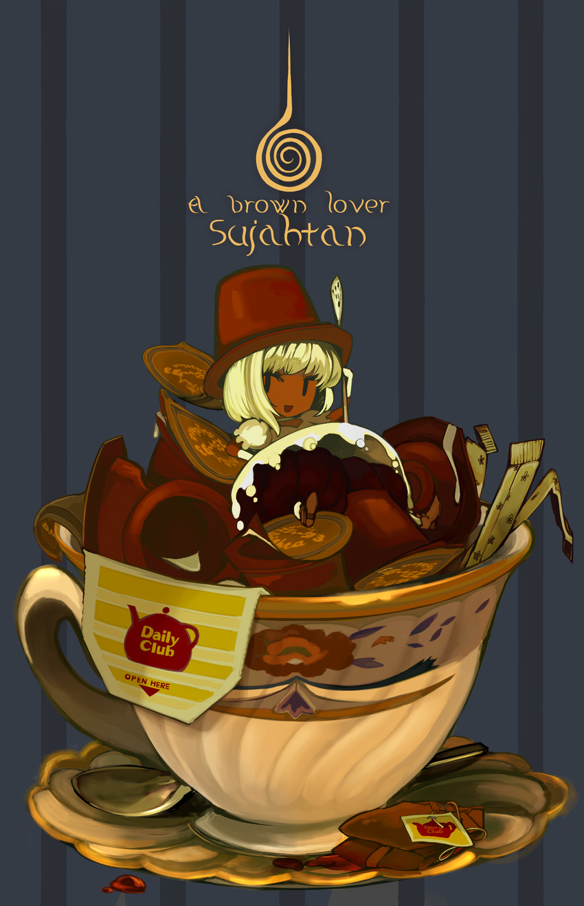 blonde_hair chibi cup dark_skin hat highres original solo tea ukai_saki