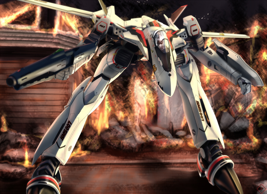 city fire gerwalk gun macross macross_frontier macross_frontier:_itsuwari_no_utahime mecha night no_humans raybar ruins s.m.s. shield variable_fighter vf-25 weapon