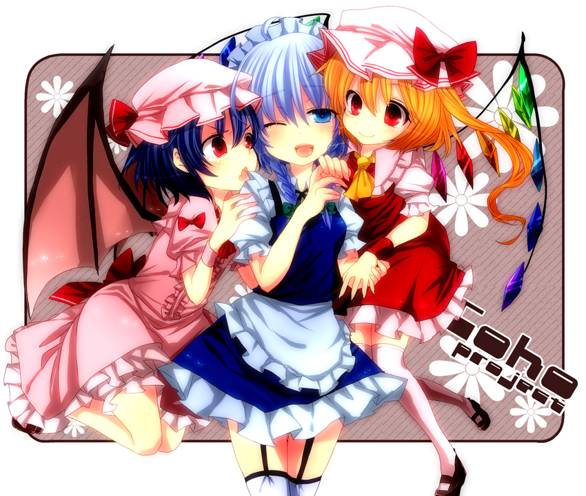 amaya_enaka bat_wings blonde_hair bloom blue_eyes blue_hair blush braid fang flandre_scarlet frown garter_straps gradient_hair hairband highres izayoi_sakuya jealous maid multicolored_hair multiple_girls one_eye_closed orange_hair red_eyes remilia_scarlet short_hair siblings side_ponytail silver_hair sisters tears thighhighs touhou twin_braids wings wristband