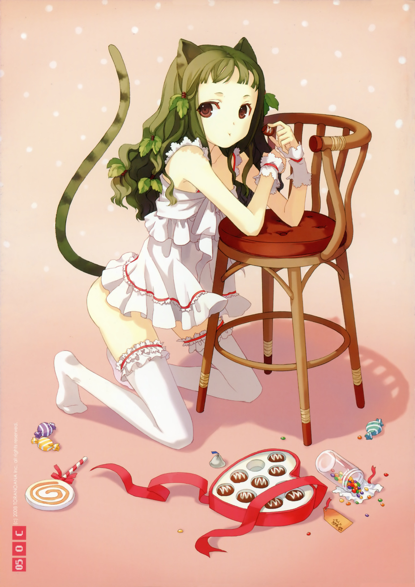 absurdres animal_ears bare_shoulders box box_of_chocolates brown_hair candy cat_ears chair chocolate dress eating food frilled_legwear frills garters h2so4 heart heart-shaped_box highres jar leaf legs lingerie lollipop long_hair nightgown no_shoes original red_eyes skirt solo swirl_lollipop tail thighhighs underwear white_legwear zettai_ryouiki