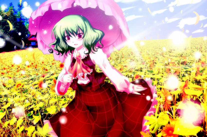 ascot bad_id bad_pixiv_id blouse field flower flower_field fuupu green_hair highres kazami_yuuka light_rays parasol petals plaid plaid_skirt plaid_vest red_eyes short_hair skirt skirt_set solo standing sunbeam sunflower sunlight touhou umbrella vest