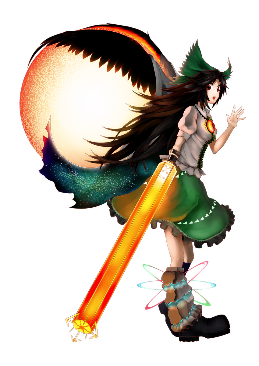 arm_cannon arugeri black_wings bow brown_hair cape energy eyes full_body hair_bow highres large_bow long_hair profile red_eyes reiuji_utsuho revision salute smile solo touhou transparent_background waving weapon wings