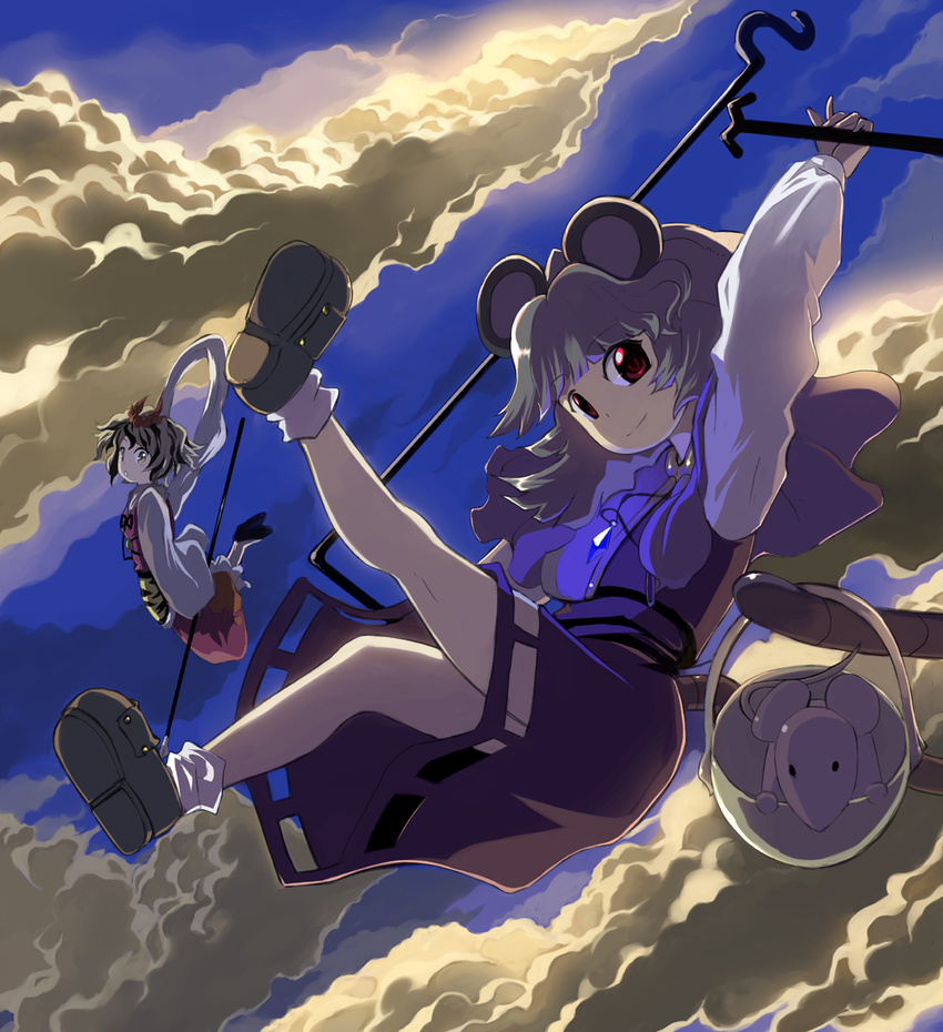 animal_ears basket bishamonten's_spear blonde_hair cloud flying grey_hair hair_ornament highres jewelry mouse mouse_ears mouse_tail multiple_girls nazrin pendant polearm red_eyes shawl shope short_hair sky spear tail toramaru_shou touhou weapon yellow_eyes