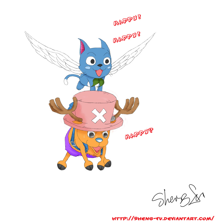 animal antlers backpack bag blue_hair blue_nose cat chopper fairy_tail flying happy happy_(fairy_tail) hat highres one_piece randoseru reindeer sheng_fu simple_background tony_tony_chopper white_background wings