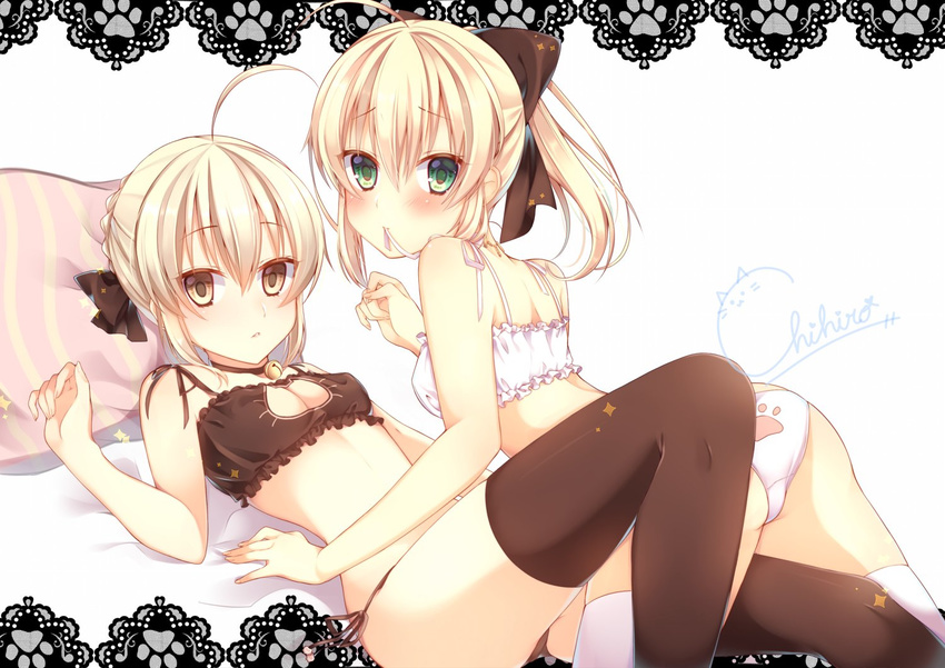 ahoge artist_name artoria_pendragon_(all) back-print_panties bangs bed_sheet bell black_legwear black_ribbon blonde_hair blush braid breasts cat_lingerie chihiro_(khorosho) cleavage eyebrows_visible_through_hair fate/grand_order fate/stay_night fate/unlimited_codes fate_(series) french_braid green_eyes hair_between_eyes hair_ribbon jingle_bell looking_at_viewer matching_outfit medium_breasts meme_attire multiple_girls panties parted_lips paw_print pillow print_panties ribbon saber_alter saber_lily side-tie_panties signature thighhighs underwear underwear_only white_background white_legwear yellow_eyes