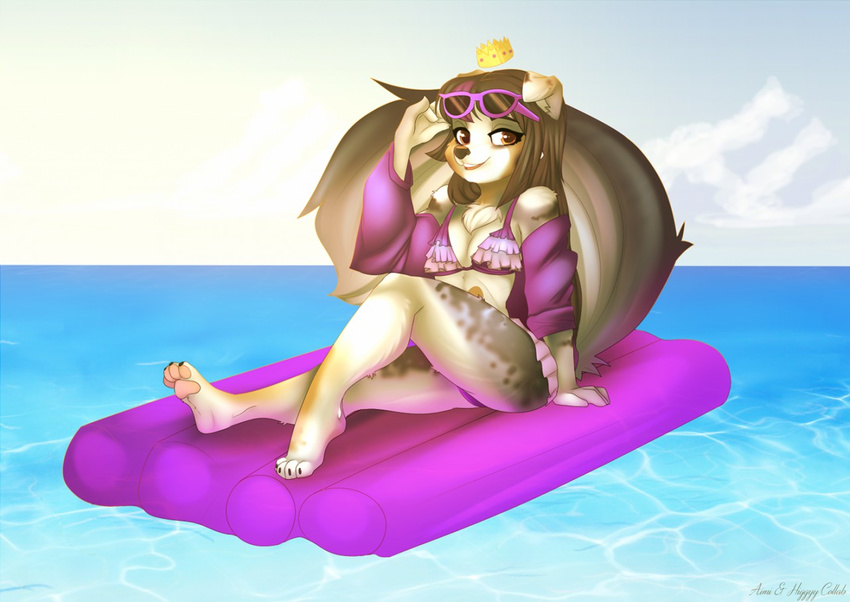 aimi amber_eyes anthro bikini breasts canine clothing crown cute dog eyewear female flat_chested fur hair higgyy long_hair looking_at_viewer mammal outside paws sea smile solo sunglasses swimsuit teeth water