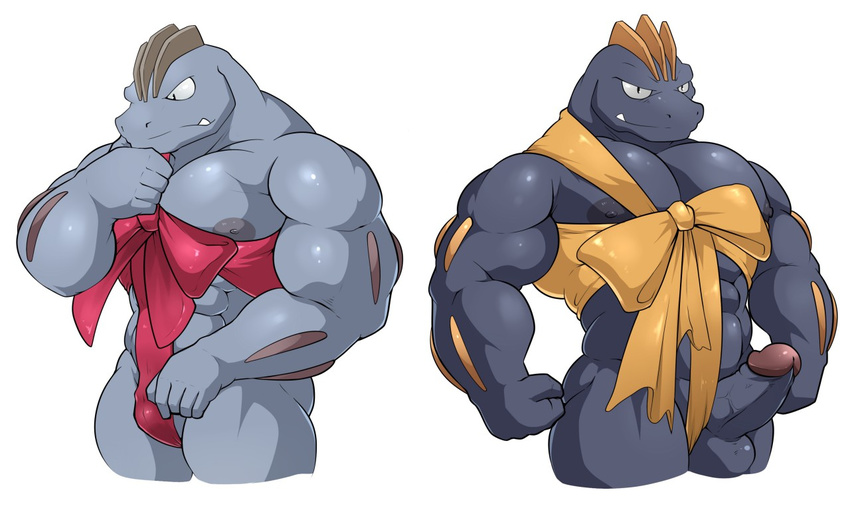 2016 abs alternate_color balls bdsm biceps big_muscles bondage bound bulge clothed clothing duo erection fangs flexing generation_1_pokemon genitals gift_wrapped huge_muscles humanoid humanoid_genitalia humanoid_penis looking_at_viewer looking_down machoke maldu male muscular nintendo nipples nude pecs penis pokemon pokemon_(species) portrait ribbon_bondage ribbons simple_background skimpy smile smirk standing teeth thick_penis three-quarter_portrait vein white_background