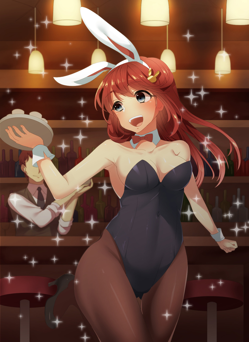 1girl :d animal_ears bangs bar bare_shoulders bartender black_eyes black_footwear black_neckwear bottle bow bowtie breasts brown_hair brown_legwear bunny_ears bunny_girl bunny_hair_ornament bunnysuit cleavage clenched_hand collarbone collared_shirt covered_navel cowboy_shot detached_collar hair_ornament hanging_light high_heels highres holding holding_tray indoors leotard lights long_hair long_sleeves looking_away looking_to_the_side medium_breasts mizuki_eiru_(akagi_kurage) moe2016 necktie no_nose open_mouth original pantyhose red_bow red_neckwear shirt shoes smile solo_focus sparkle standing standing_on_one_leg strapless strapless_leotard tail thigh_gap thighs tray vest white_shirt wrist_cuffs