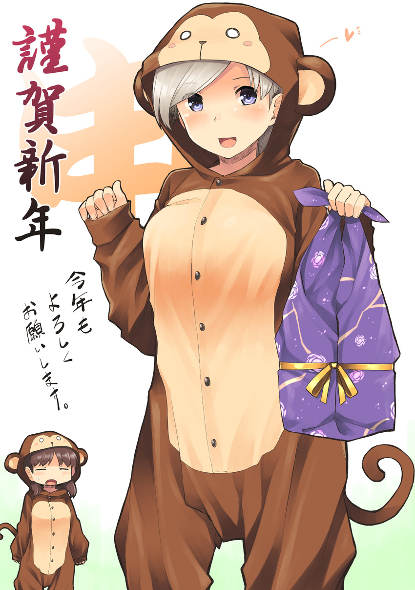 aaru_(tenrake_chaya) alternate_costume animal_costume animal_ears blue_eyes blush breasts brown_hair buttons chinese_new_year chitose_(kantai_collection) chiyoda_(kantai_collection) closed_eyes happy_new_year heart highres holding kantai_collection large_breasts long_sleeves looking_at_viewer monkey_costume monkey_ears monkey_tail multiple_girls new_year open_mouth short_hair silver_hair sleeves_past_wrists sweatdrop tail translated