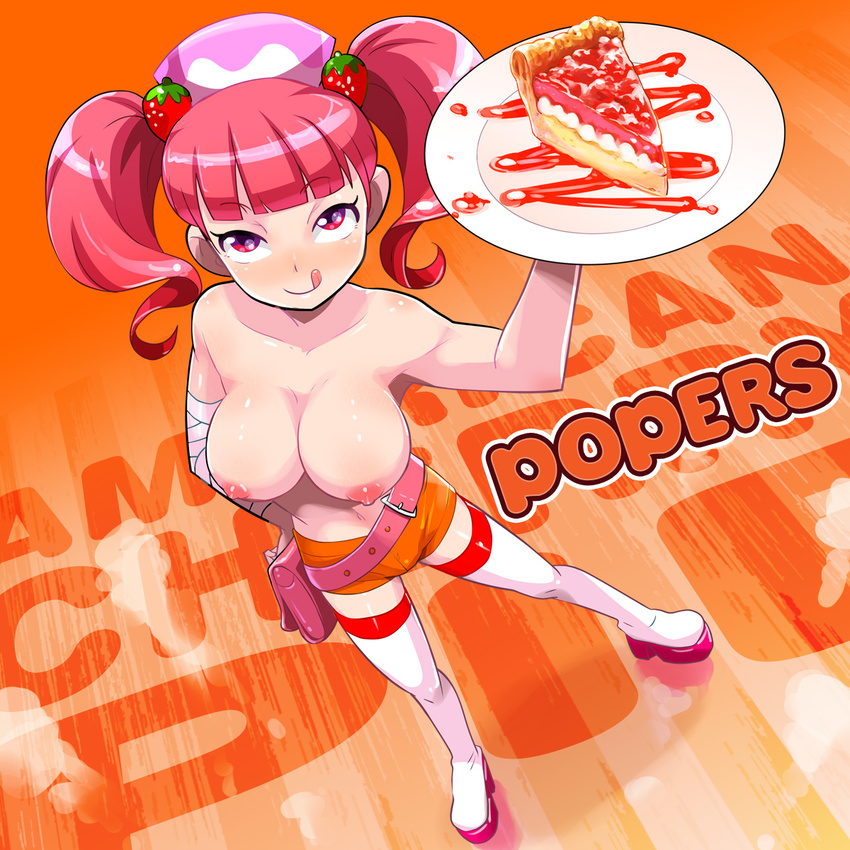 :p bag bandages belt blush boots brand_name_imitation breasts cherry_pie cleavage employee_uniform food fruit hair_ornament hand_on_hip handbag heart highres hooters large_breasts looking_at_viewer milk_(pop'n_music) nipples osamu_yagi pie pink_hair plate pop'n_music red_eyes short_hair short_shorts shorts smile solo strawberry tank_top thigh_boots thighhighs tongue tongue_out topless twintails uniform
