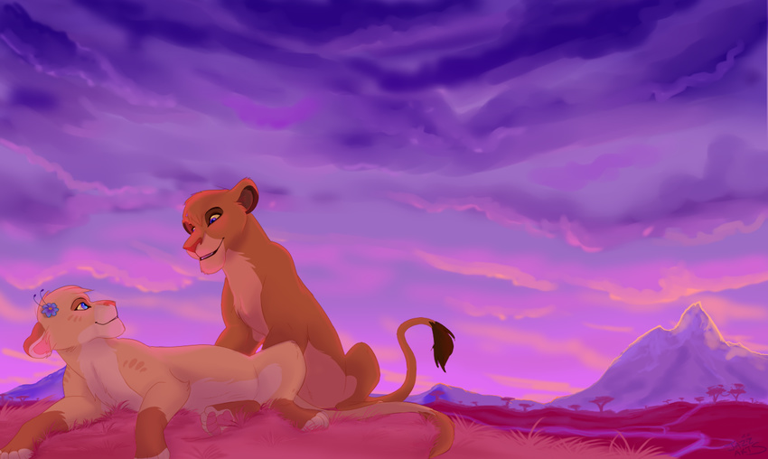 bahati_whiteclaw blue_eyes cloud disney feline female female/female feral flower flower_in_hair grass jazzlioness lion love mammal mountain plant purple_eyes romantic sky the_lion_king tree twilight vitani