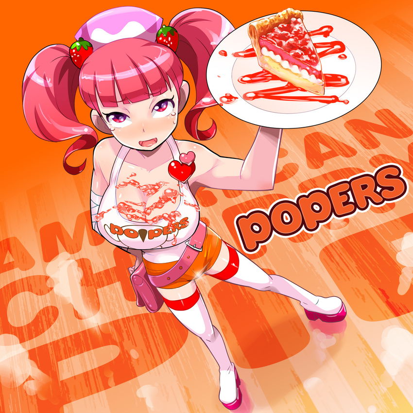 bag bandages belt blush boots brand_name_imitation breasts cherry_pie cleavage clothes_writing employee_uniform food food_on_body fruit hair_ornament hand_on_hip handbag heart highres hooters large_breasts looking_at_viewer milk_(pop'n_music) open_mouth osamu_yagi pie pink_hair plate pop'n_music red_eyes short_hair short_shorts shorts smile solo strawberry tank_top tears thigh_boots thighhighs twintails uniform