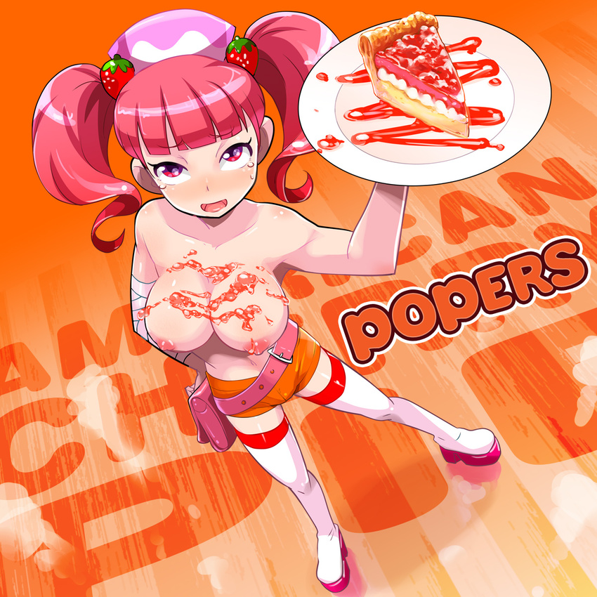 bag bandages belt blush boots brand_name_imitation breasts cherry_pie cleavage employee_uniform food food_on_body fruit hair_ornament hand_on_hip handbag heart highres hooters large_breasts looking_at_viewer milk_(pop'n_music) nipples open_mouth osamu_yagi pie pink_hair plate pop'n_music red_eyes short_hair short_shorts shorts smile solo strawberry tank_top tears thigh_boots thighhighs topless twintails uniform