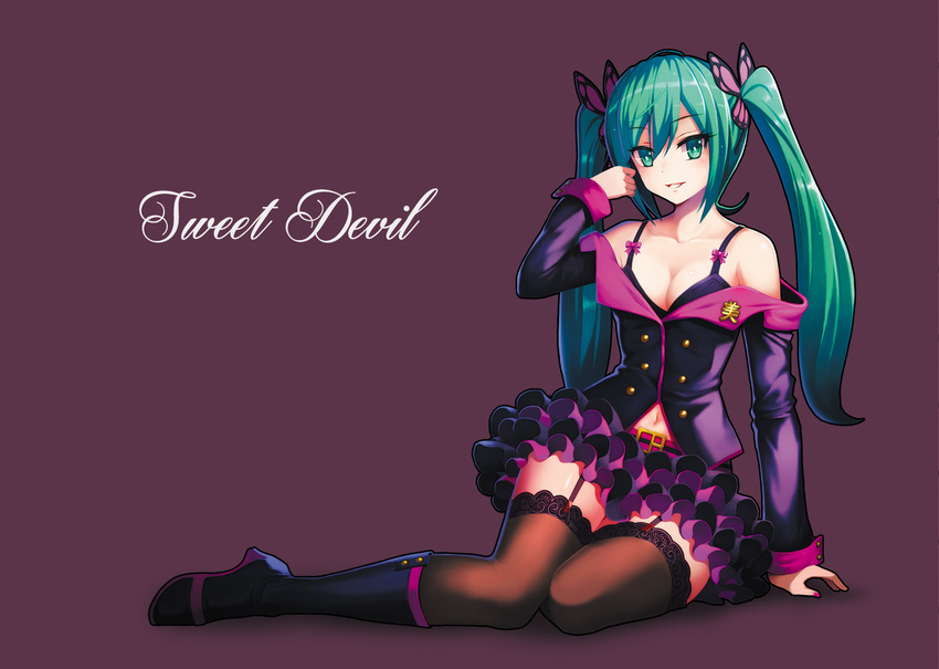 :d aqua_eyes aqua_hair bare_shoulders belt black_bra black_legwear bow bra breasts butterfly_hair_ornament buttons cleavage collarbone defiaz_(infinity) frilled_skirt frills garter_straps grin hair_ornament hand_in_hair hatsune_miku honey_whip_(module) jacket long_hair long_sleeves looking_at_viewer nail_polish navel off_shoulder open_mouth parted_lips pink_bow pink_nails project_diva_(series) project_diva_f purple_eyes purple_jacket purple_skirt revision simple_background sitting skirt small_breasts smile solo sweet_devil_(vocaloid) thighhighs twintails underwear very_long_hair vocaloid zettai_ryouiki