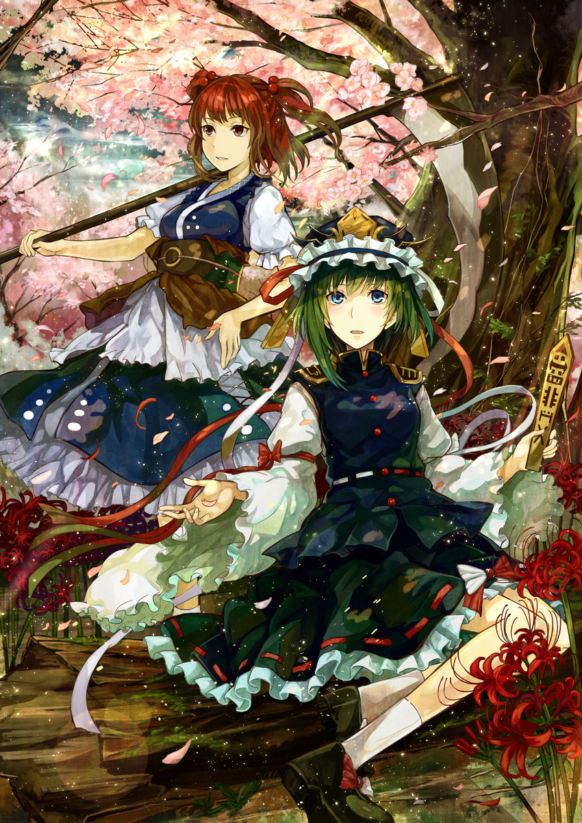 against_tree arm_ribbon black_footwear blouse blue_eyes breasts cherry_blossoms commentary_request flower frills full_body green_hair hair_bobbles hair_ornament hat highres holding japanese_clothes kazabana_fuuka long_sleeves multiple_girls nature onozuka_komachi open_mouth outdoors petals puffy_short_sleeves puffy_sleeves red_eyes red_hair ribbon rod_of_remorse scythe shiki_eiki shoes short_hair short_sleeves sitting skirt small_breasts socks spider_lily touhou tree two_side_up under_tree vest wide_sleeves