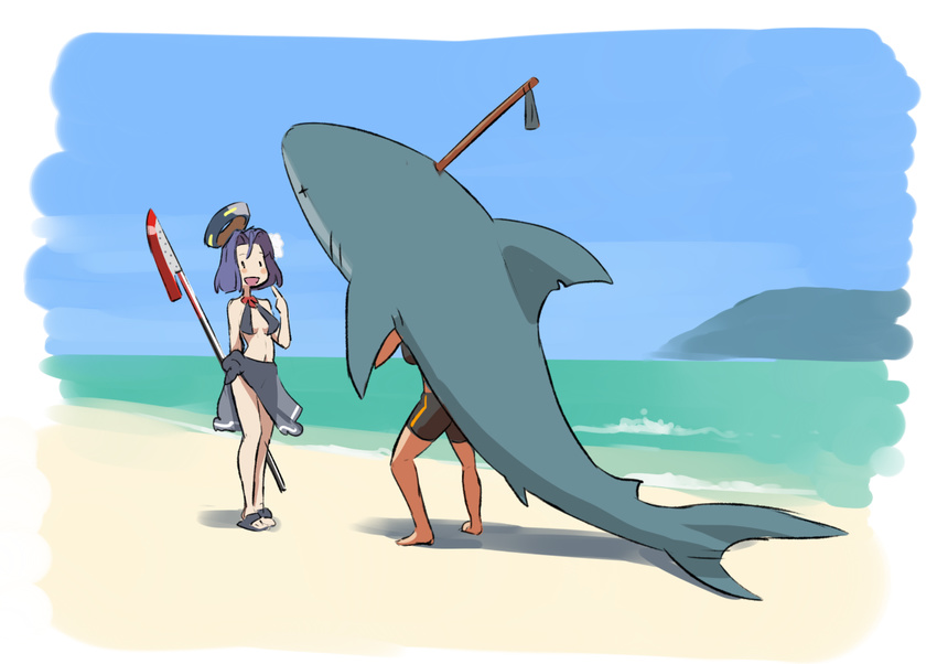 :d alternate_costume beach bike_shorts blush_stickers commentary dark_skin day harpoon kantai_collection mechanical_halo mikoyan mirai_shounen_conan multiple_girls open_mouth polearm purple_hair sandals sarong shark short_hair smile spear swimsuit tatsuta_(kantai_collection) tenryuu_(kantai_collection) weapon x_x