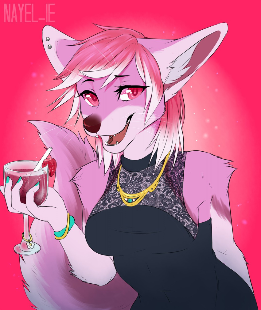 2014 anthro beverage bracelet breasts bubblegum_(ivy_trellis) canine clothed clothing dress ear_piercing fangs fennec food fox fruit fur jewelry looking_at_viewer mammal nayel-ie necklace piercing pink_fur smile straw strawberry